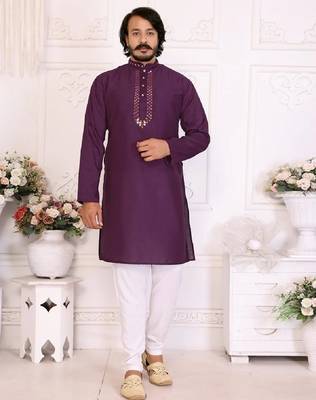 purple  color silk blend couple combo men's kurta & pajama & women saree set 3