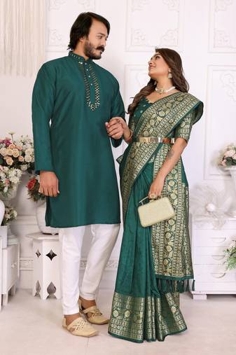 rama green color silk blend couple combo men's kurta & pajama & women saree set