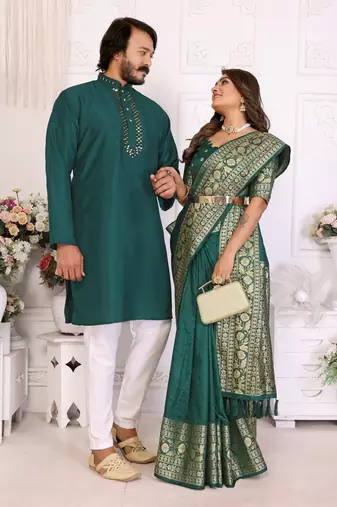 rama green color silk blend couple combo men's kurta & pajama & women saree set