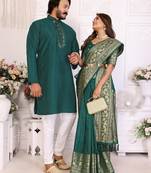 rama green color silk blend couple combo men's kurta & pajama & women saree set