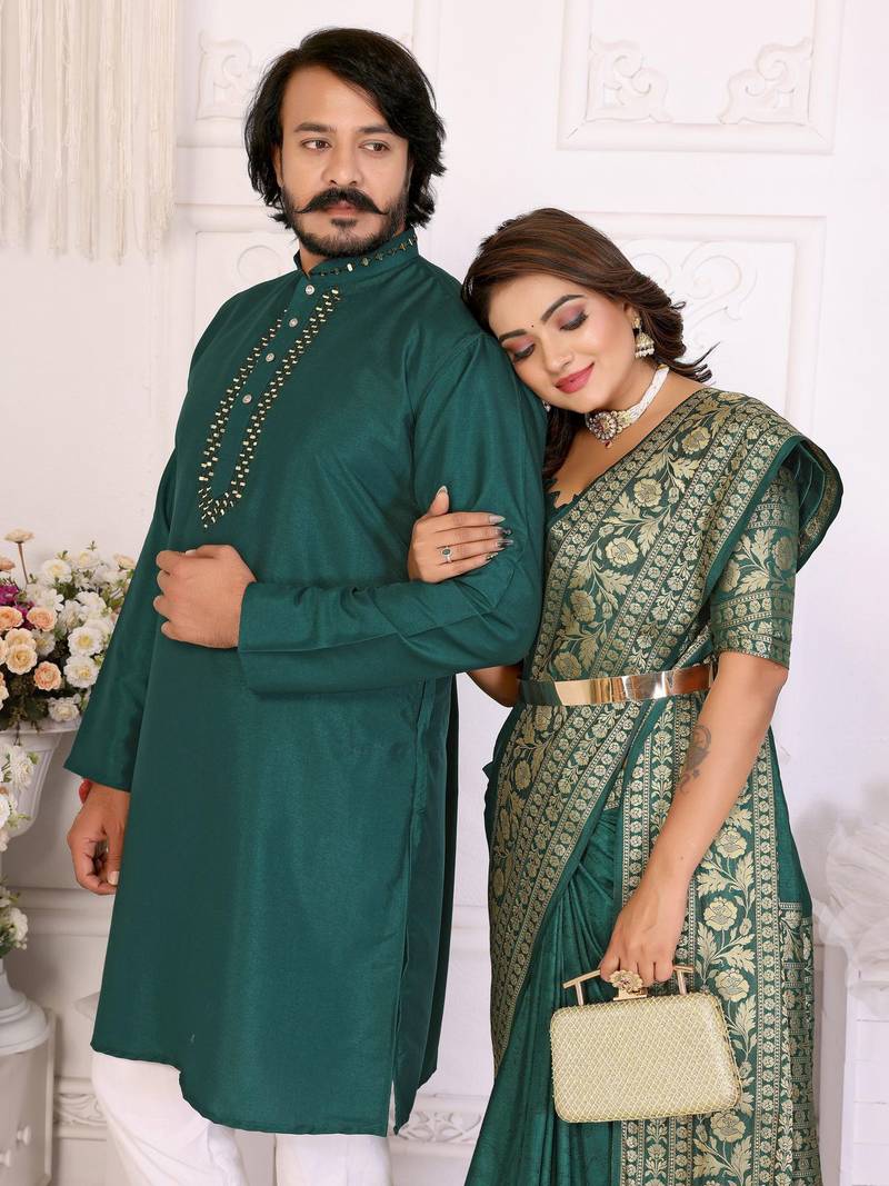 rama green color silk blend couple combo men's kurta & pajama & women saree set