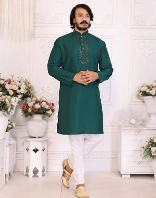 rama green color silk blend couple combo men's kurta & pajama & women saree set 3