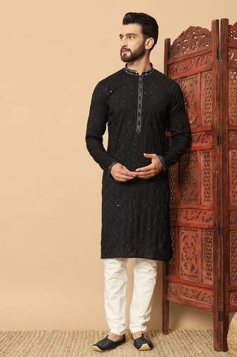 Black embroidered sequin work band collar men’s kurta