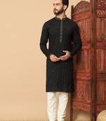 Black embroidered sequin work band collar men   s kurta