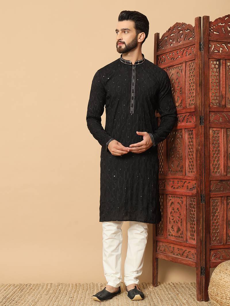 Black embroidered sequin work band collar men’s kurta