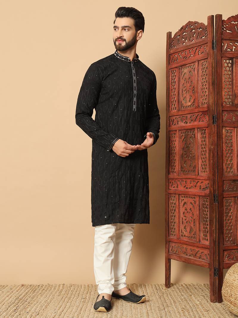 Black embroidered sequin work band collar men’s kurta