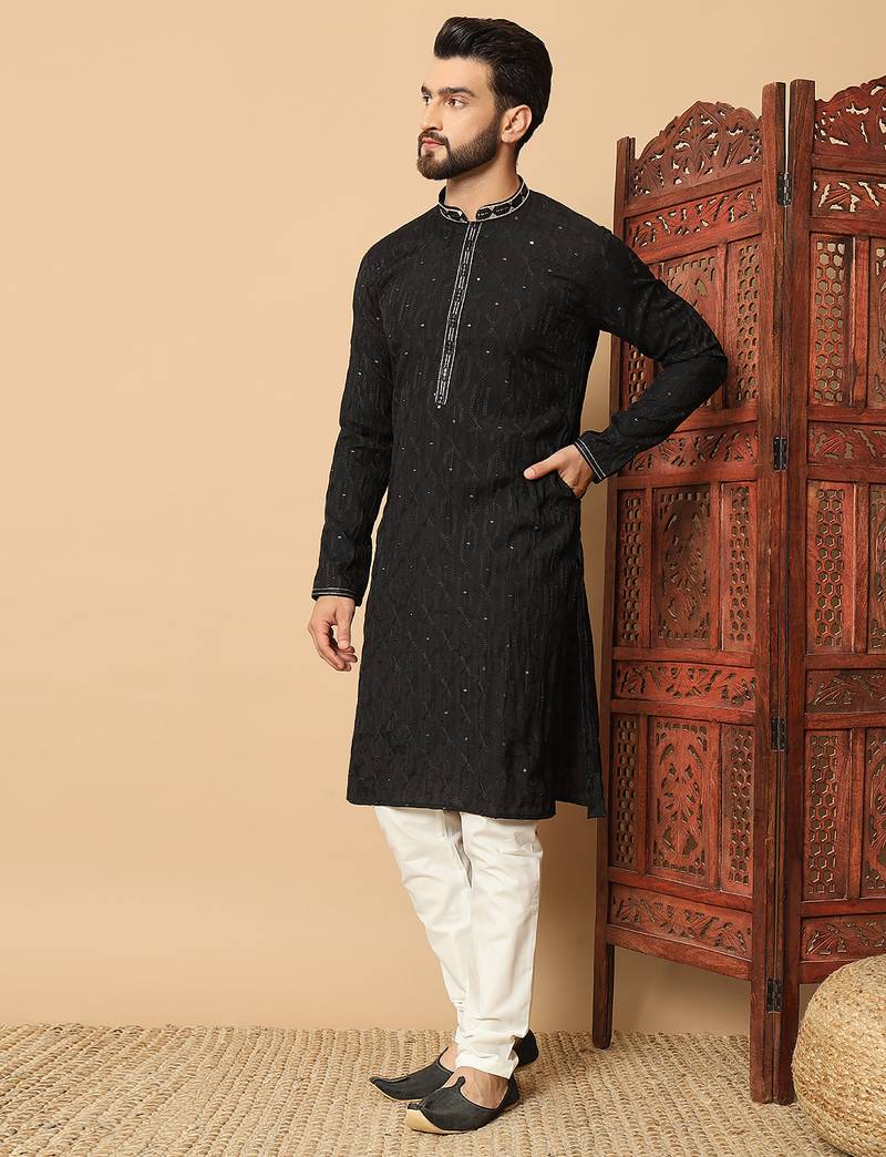 Black embroidered sequin work band collar men’s kurta