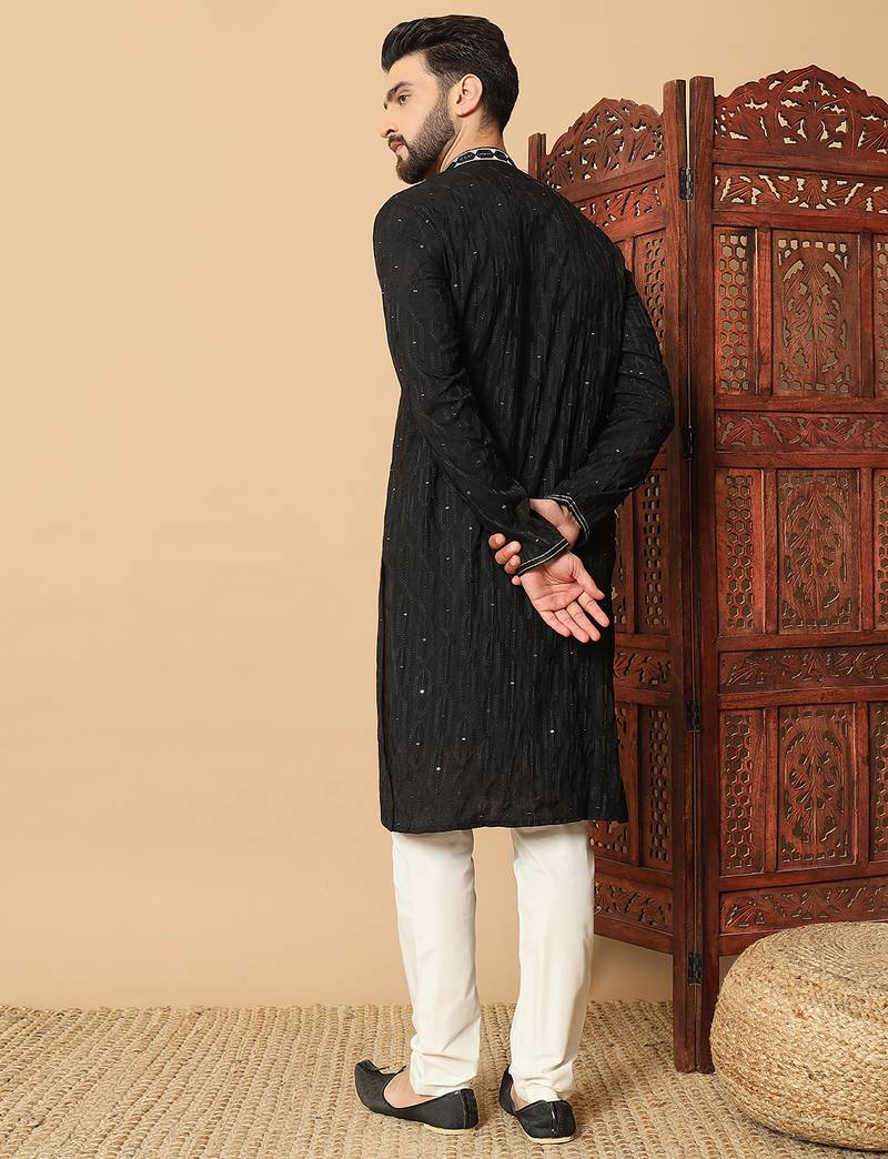 Black embroidered sequin work band collar men’s kurta