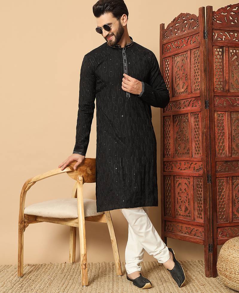 Black embroidered sequin work band collar men’s kurta