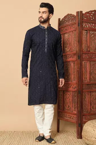 navy blue sequin embroidered band collar kurta