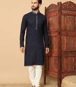 navy blue sequin embroidered band collar kurta