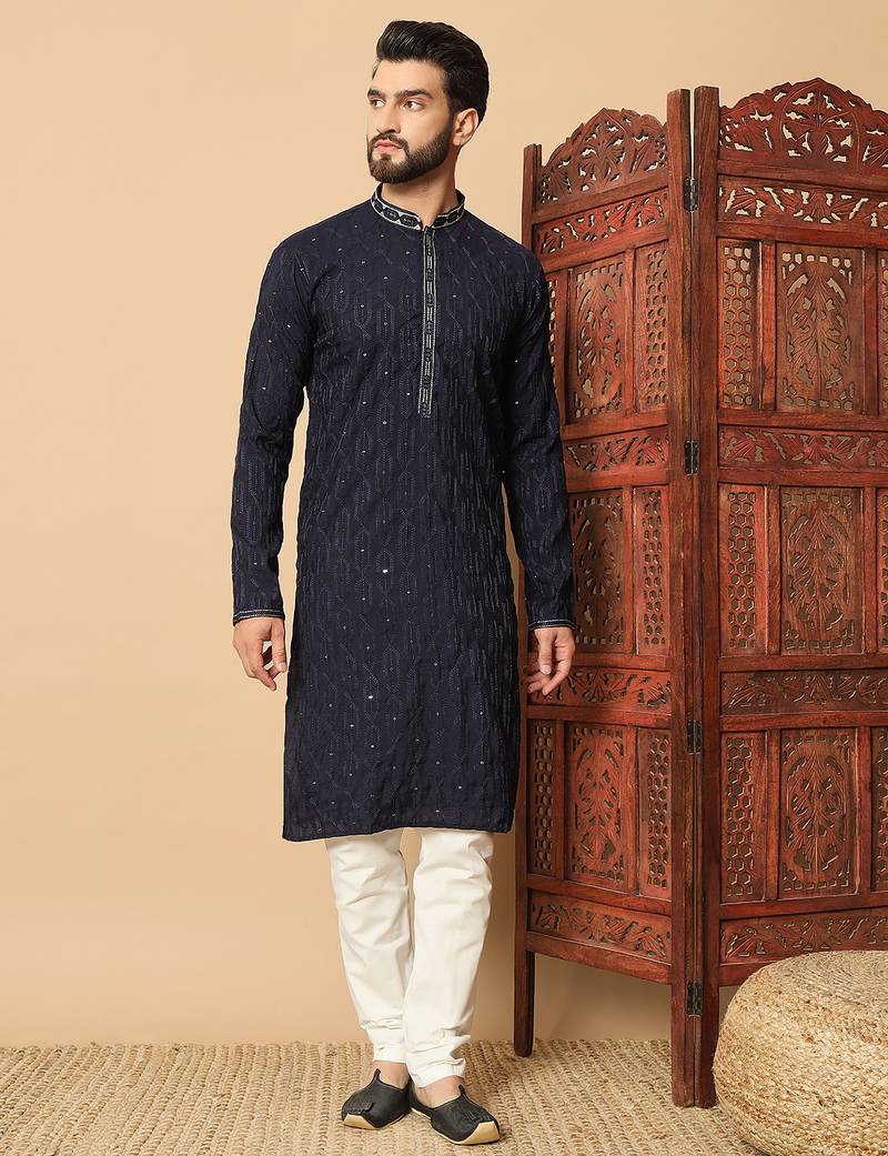 navy blue sequin embroidered band collar kurta