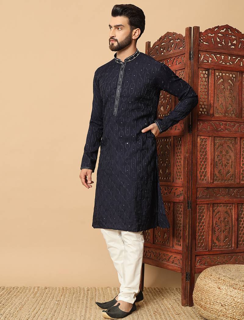 navy blue sequin embroidered band collar kurta