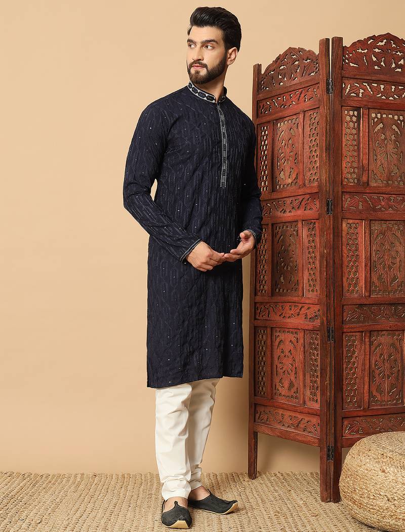 navy blue sequin embroidered band collar kurta