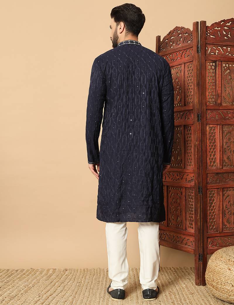 navy blue sequin embroidered band collar kurta