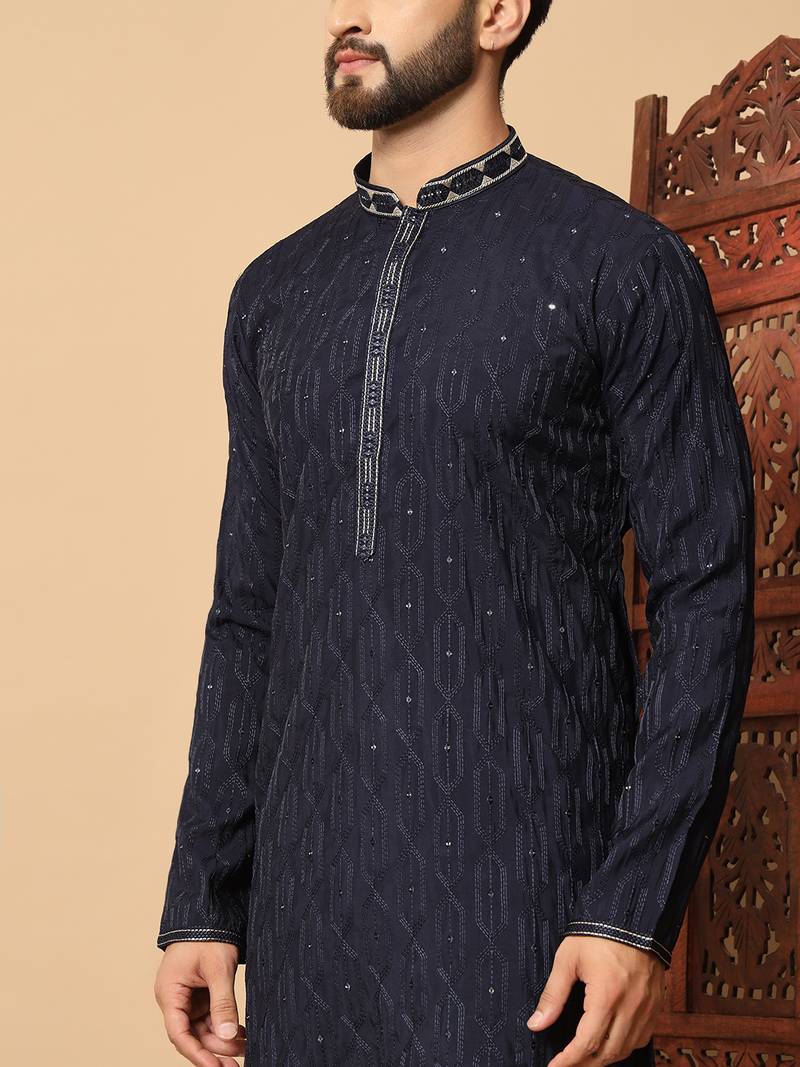 navy blue sequin embroidered band collar kurta