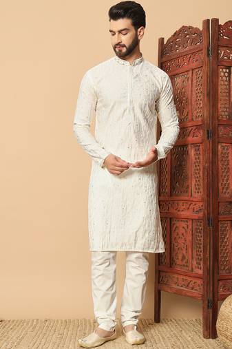 off white sequin embroidered band collar kurta