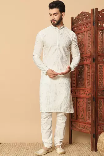 off white sequin embroidered band collar kurta