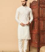 off white sequin embroidered band collar kurta