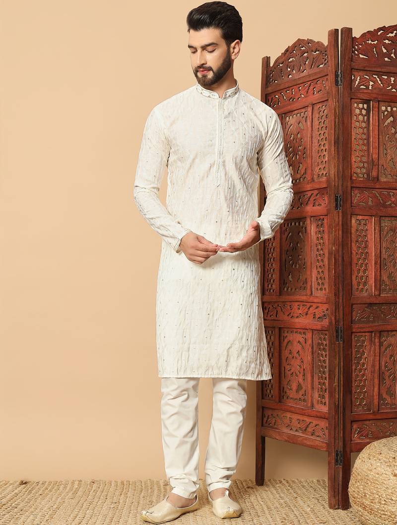 off white sequin embroidered band collar kurta