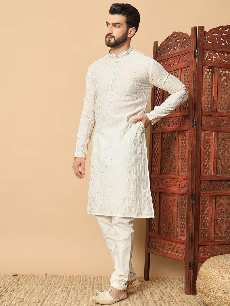 off white sequin embroidered band collar kurta
