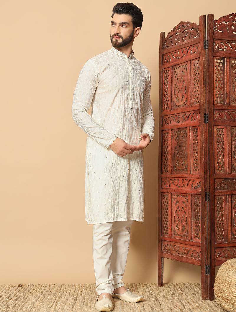 off white sequin embroidered band collar kurta