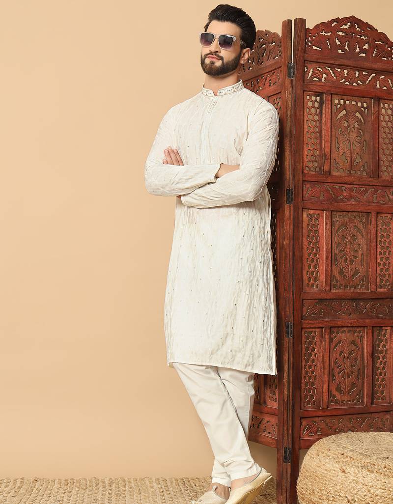off white sequin embroidered band collar kurta