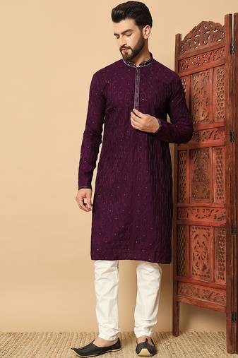purple sequin embroidered band collar kurta