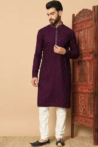 purple sequin embroidered band collar kurta