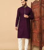 purple sequin embroidered band collar kurta
