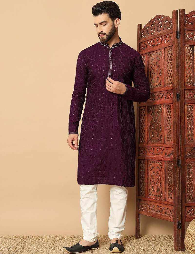 purple sequin embroidered band collar kurta