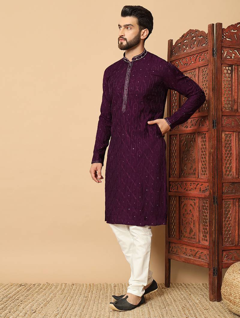 purple sequin embroidered band collar kurta