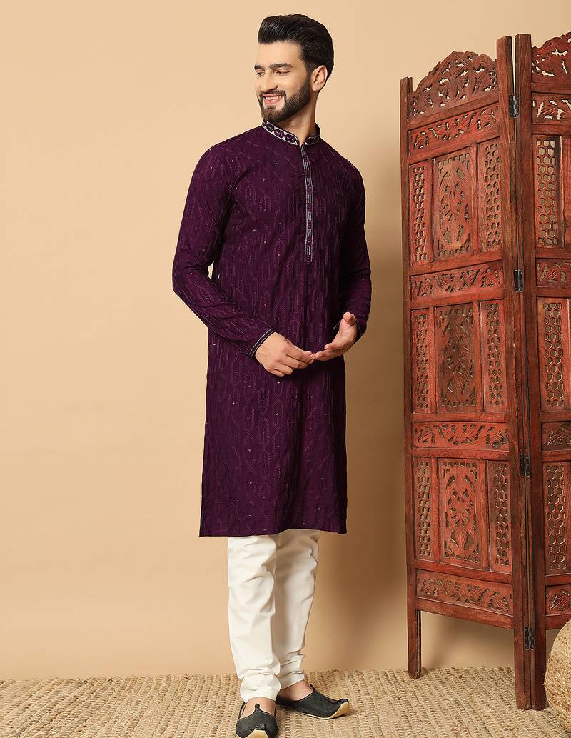 purple sequin embroidered band collar kurta
