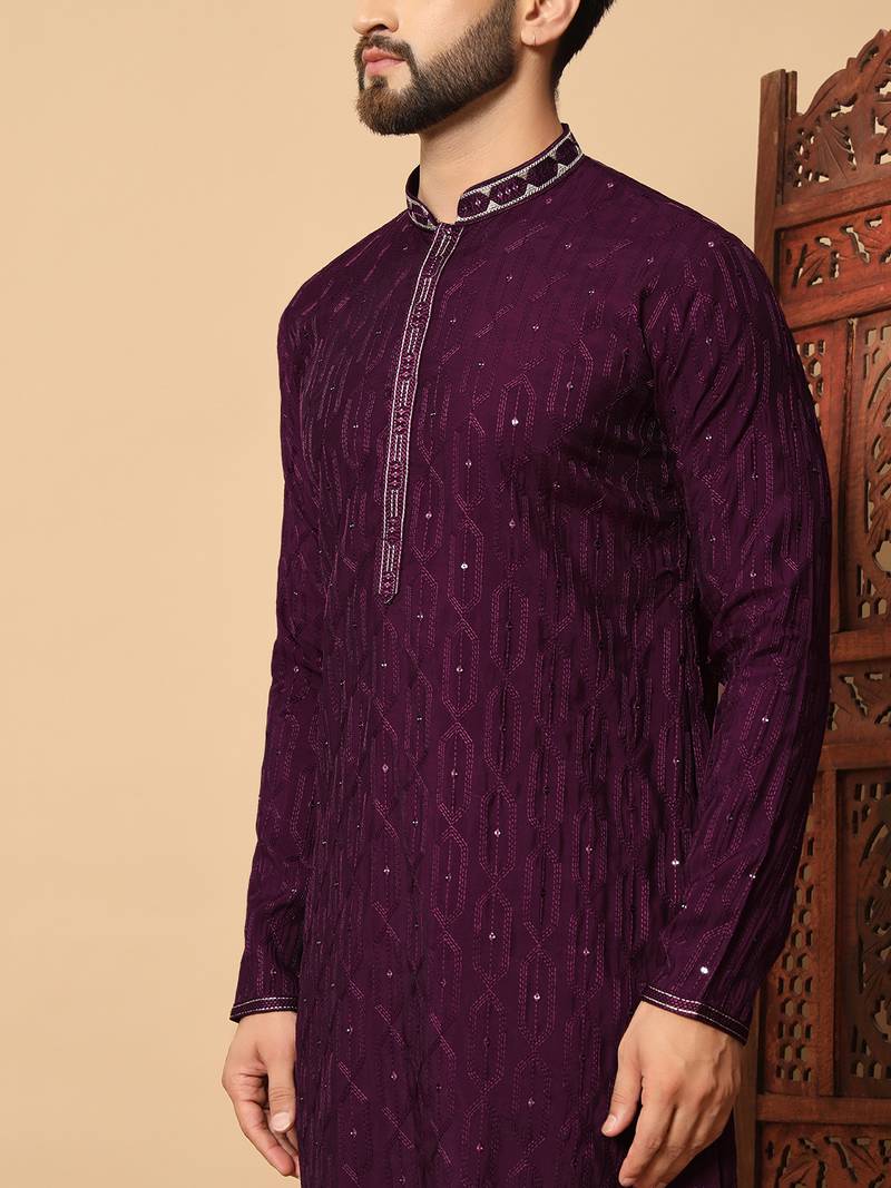purple sequin embroidered band collar kurta