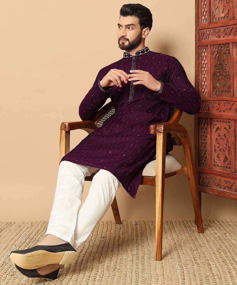 purple sequin embroidered band collar kurta