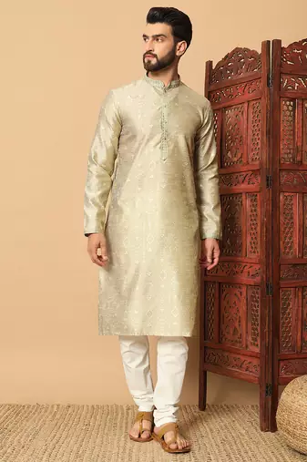 Beige gold zari woven jacquard band collar kurta pajama