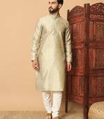 Beige gold zari woven jacquard band collar kurta pajama