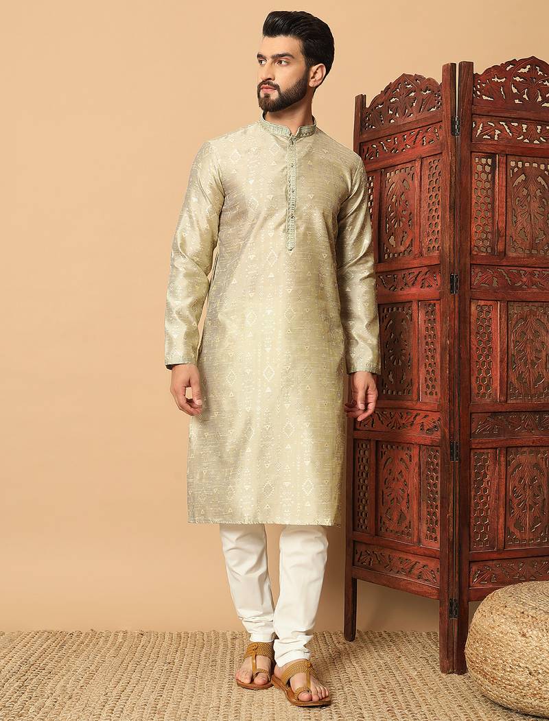 Beige gold zari woven jacquard band collar kurta pajama