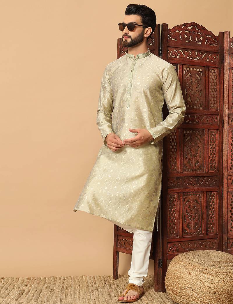Beige gold zari woven jacquard band collar kurta pajama