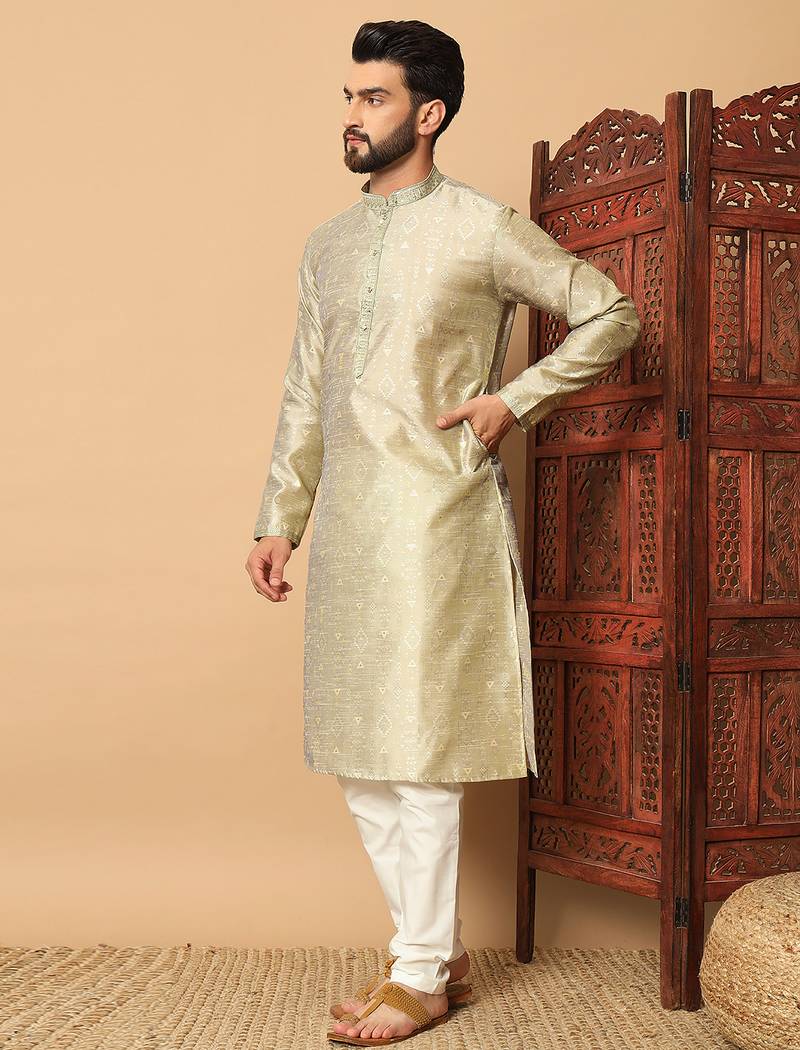 Beige gold zari woven jacquard band collar kurta pajama