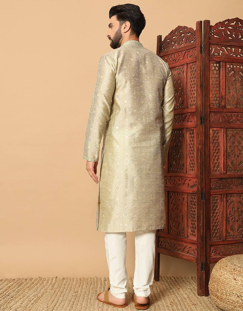 Beige gold zari woven jacquard band collar kurta pajama