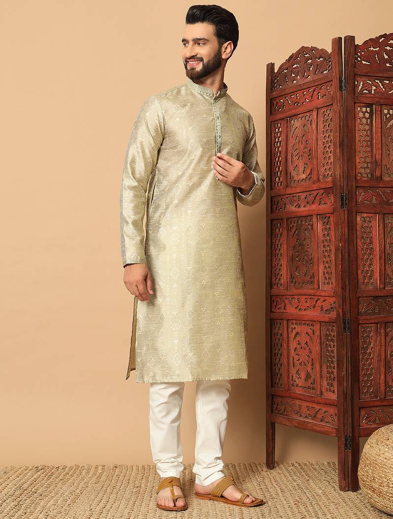 Beige gold zari woven jacquard band collar kurta pajama