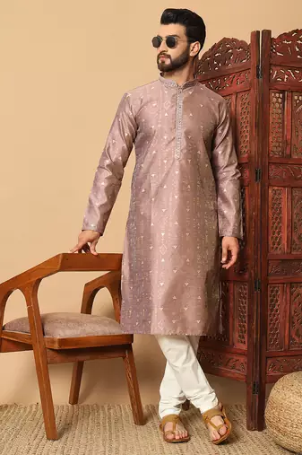 Mauve zari woven jacquard band collar kurta pajama