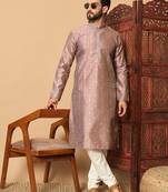 Mauve zari woven jacquard band collar kurta pajama
