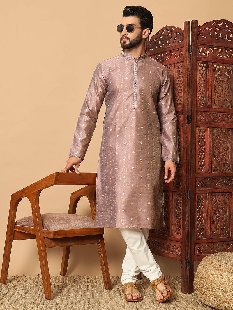 Mauve zari woven jacquard band collar kurta pajama