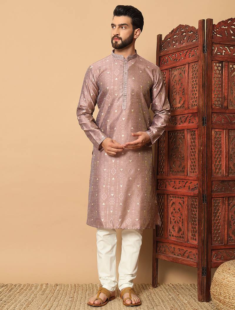 Mauve zari woven jacquard band collar kurta pajama