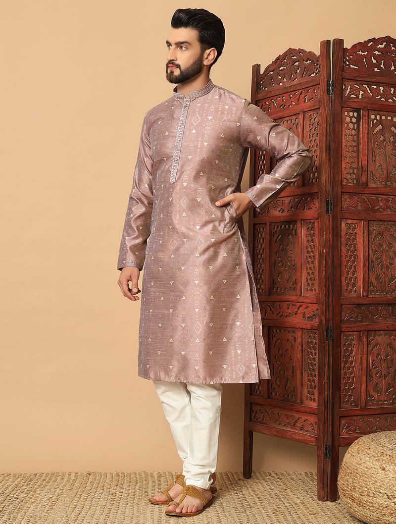 Mauve zari woven jacquard band collar kurta pajama