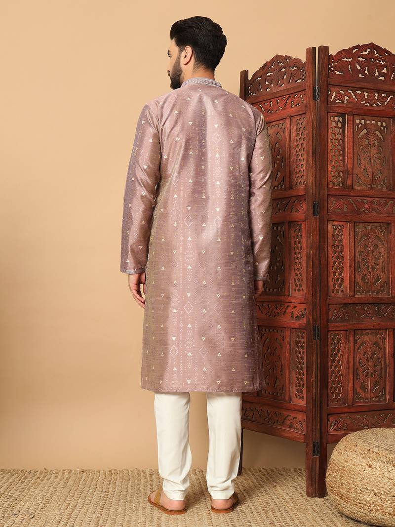 Mauve zari woven jacquard band collar kurta pajama