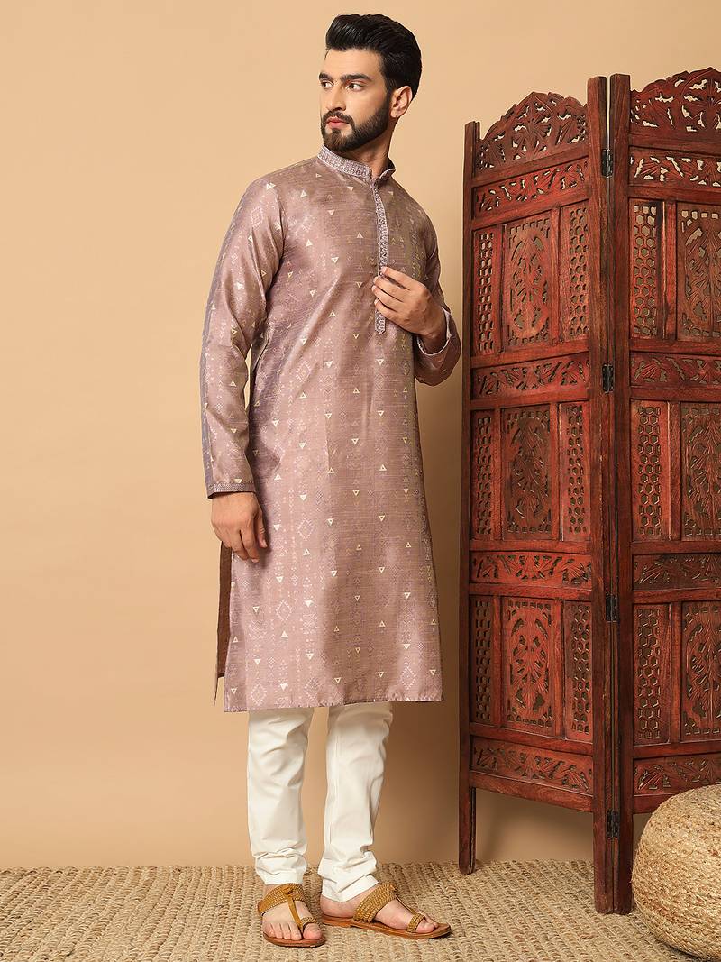 Mauve zari woven jacquard band collar kurta pajama