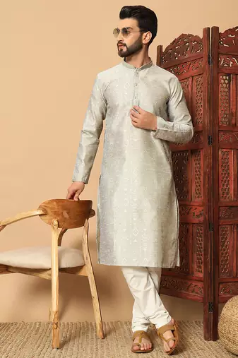 Silver zari woven jacquard band collar kurta pajama